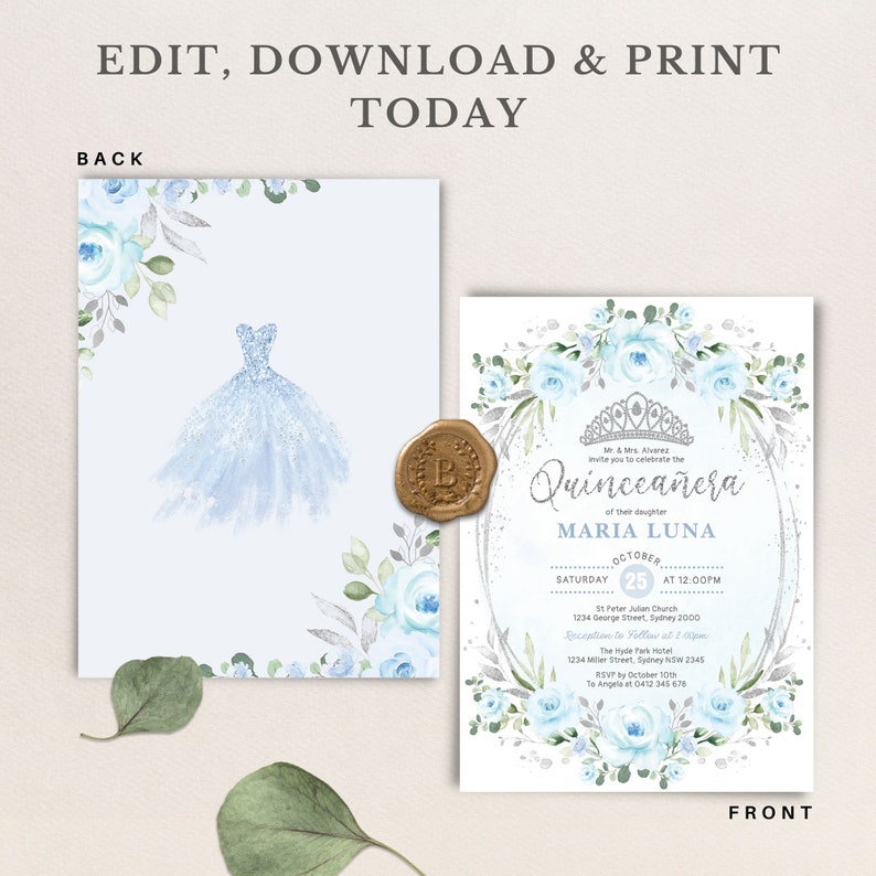 May include: A Quincea&ntilde;era invitation with a blue and silver floral design. The invitation features a crown, the text "Quincea&ntilde;era", and the name "Maria Luna". The back of the invitation features a blue and silver dress.