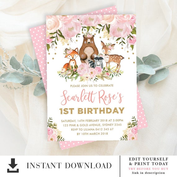 Girl Woodland 1st Birthday EDITABLE INVITATION. Pink Gold Floral Forest Animals First Birthday Party Invite Printable Download. FLO18G Il_570xn