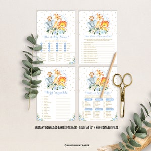 Blue Floral Safari Baby Shower GAMES BUNDLE. 8x Wild Jungle Animals Printable Games. Blue and Gold Instant Download. JUN10 image 3