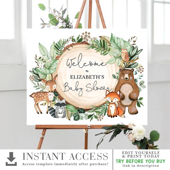 EDITABLE Greenery Woodland Baby Shower Welcome Sign. Rustic Forest Animals Printable Decoration. Botanical Greenery Forest. WOOD24 Il_570xn