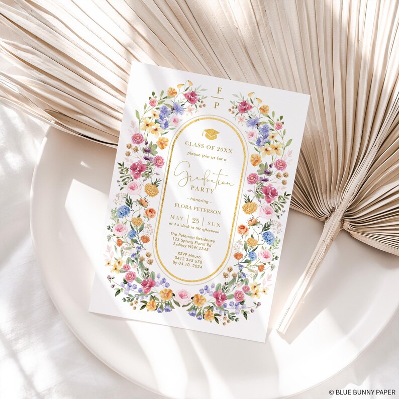 May include: A graduation party invitation with a floral wreath design. The invitation features the text "Class of 20XX" and "Graduation Party" in elegant script. The date is May 25th. The invitation is surrounded by colorful flowers.