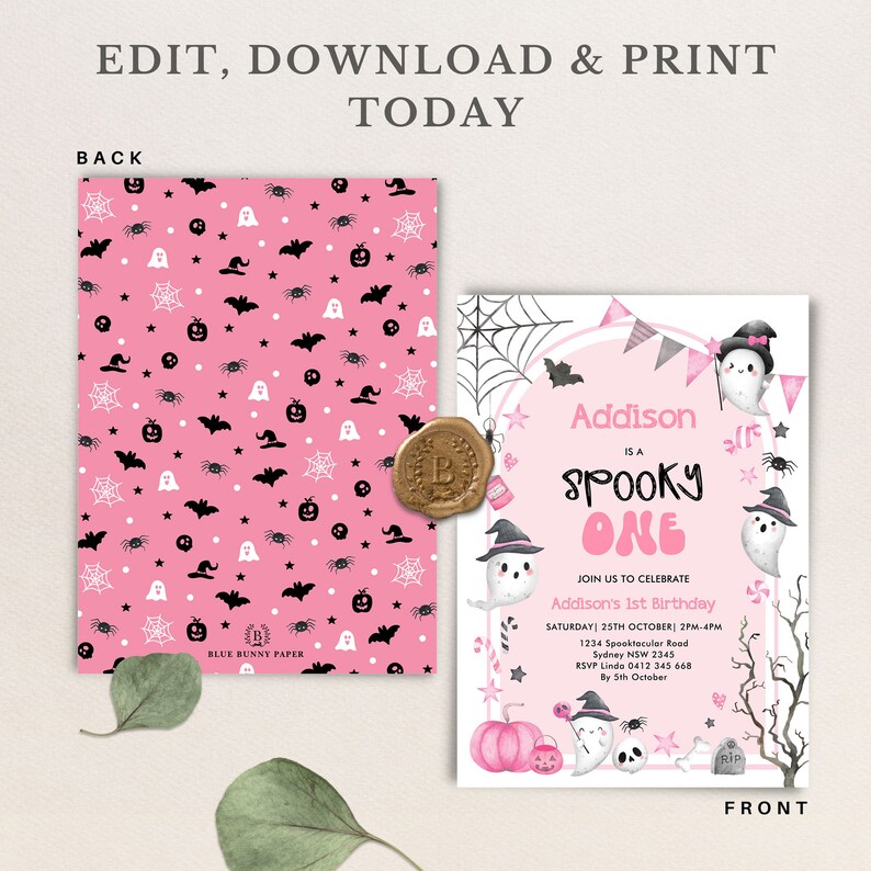May include: Pink and white Halloween party invitation with a ghost wearing a witch hat and the text "Addison is a Spooky One". The invitation includes details for a birthday party on October 25th.
