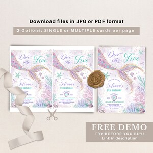 May include: Mermaid-themed birthday invitations with the text "Dive into Five". The invitations feature a mermaid tail design in shades of purple, teal, and gold, with starfish and coral accents. The text "Sofiana's 5th Birthday" is also included.