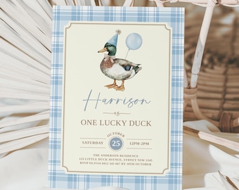 Szablon zaproszenia One Lucky Duck, Pierwsze zaproszenie urodzinowe dla kaczki, Niebieski balonik Lucky Duck zaproszenie urodzinowe, Edytowalny szablon do pobrania, LD3