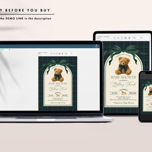 May include: A baby shower invitation design displayed on a laptop, tablet, and smartphone. The invitation features a teddy bear illustration, a green bow, and text that reads "Baby Shower" and "Bethany Frink". The background has a green plaid pattern. The text "Try before you buy" is at the top.