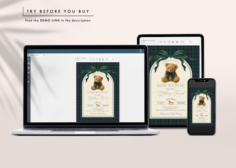 May include: A baby shower invitation design displayed on a laptop, tablet, and smartphone. The invitation features a teddy bear illustration, a green bow, and text that reads "Baby Shower" and "Bethany Frink". The background has a green plaid pattern. The text "Try before you buy" is at the top.