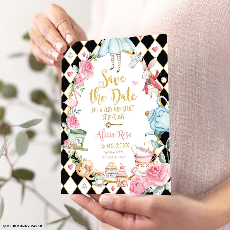 Alice in Wonderland Save the Date Template, Mad Hatter Tea Party Invitation, Alice in Onederland 1st Birthday Printable Download, AL1 image 3