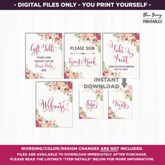 Floral Baby Shower Table Signs. 6 Printable Signs. Gift Table Favors