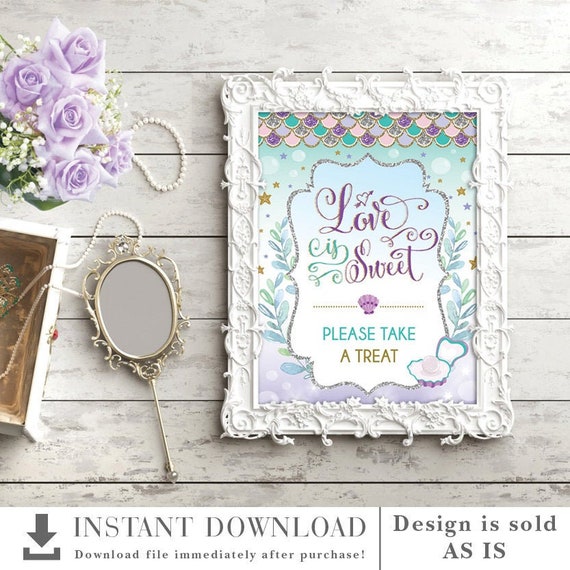 Sea Mermaid "Love is Sweet Take a Treat" Printable Sign for Bridal Shower or Wedding. MER4 Il_570xn