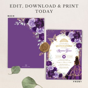 May include: Purple and gold Quincea&ntilde;era invitation with a floral design. The invitation features a butterfly, a crown, and a silhouette of a young woman in a purple dress. The text on the invitation reads "Quincea&ntilde;era" and "Aurora Grace".