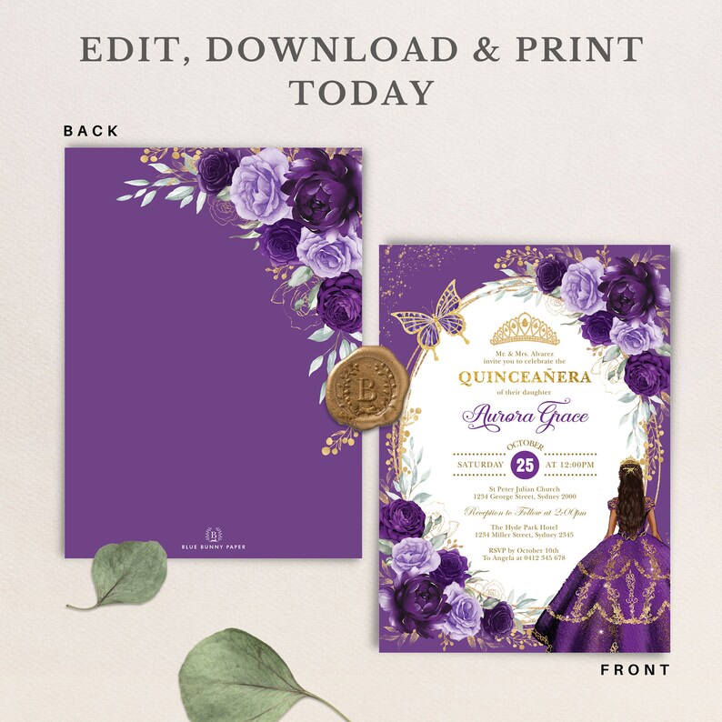May include: Purple and gold Quincea&ntilde;era invitation with a floral design. The invitation features a butterfly, a crown, and a silhouette of a young woman in a purple dress. The text on the invitation reads "Quincea&ntilde;era" and "Aurora Grace".