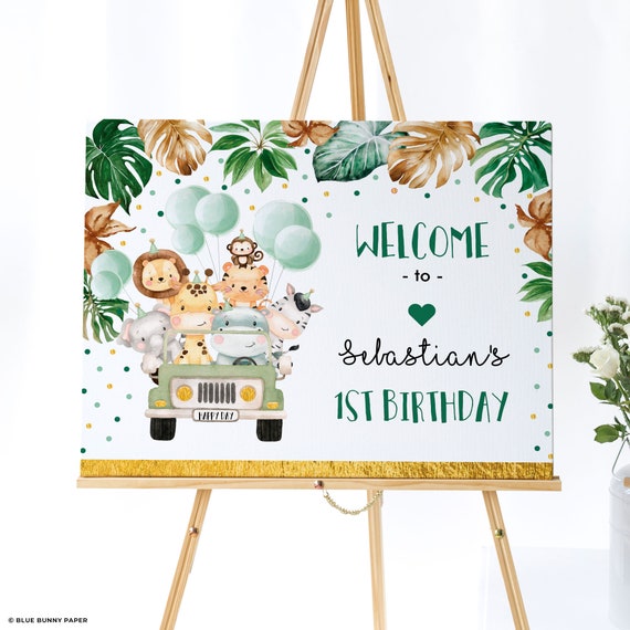 EDITABLE Wild One Birthday Welcome Sign Tropical Safari Animals