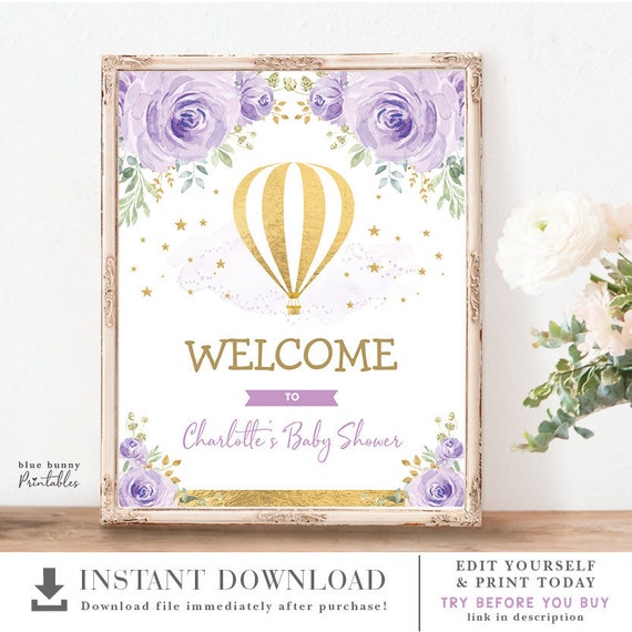 Purple Gold Hot Air Balloon Welcome Sign Lavender Baby Shower