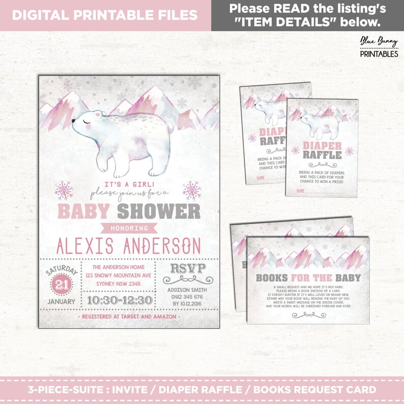 Books For Baby Insert Card 3-PIECE-SUITE Girl Winter Snowflake Diaper Raffle Pink Polar Bear Baby Shower Invitation Package WINT10