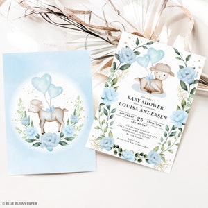 May include: Blue and white baby shower invitation with a cute lamb holding blue balloons. The invitation says "Join us for a Baby Shower honoring mommy-to-be Louisa Andersen" and includes the date, time, and location of the event.