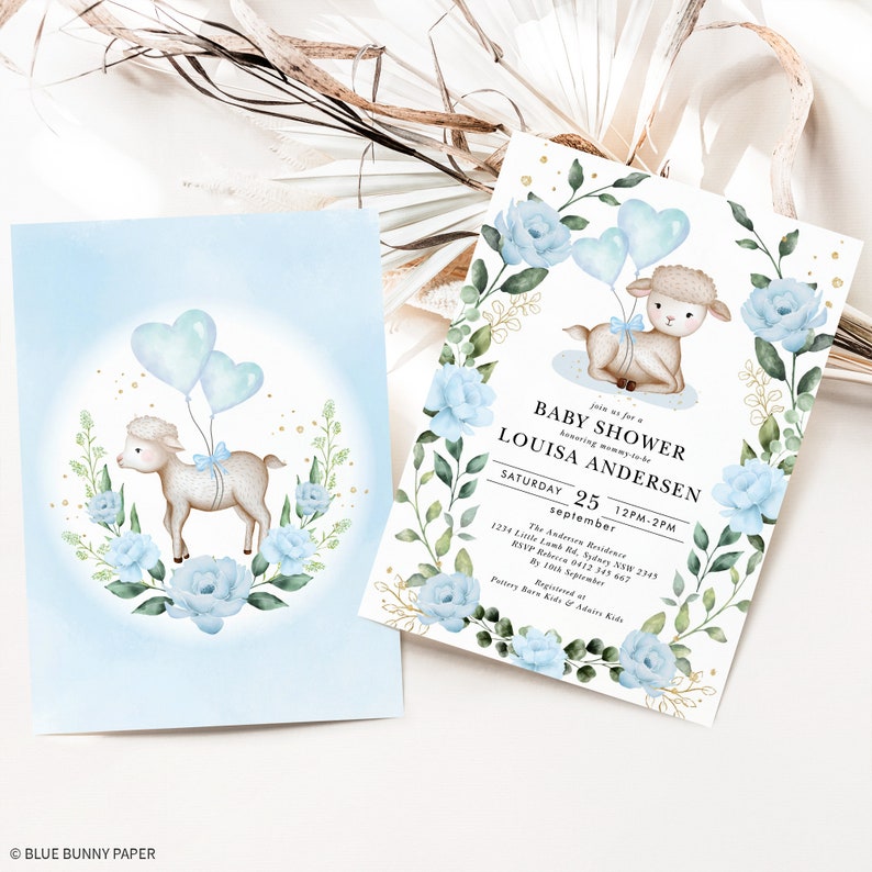 May include: Blue and white baby shower invitation with a cute lamb holding blue balloons. The invitation says "Join us for a Baby Shower honoring mommy-to-be Louisa Andersen" and includes the date, time, and location of the event.