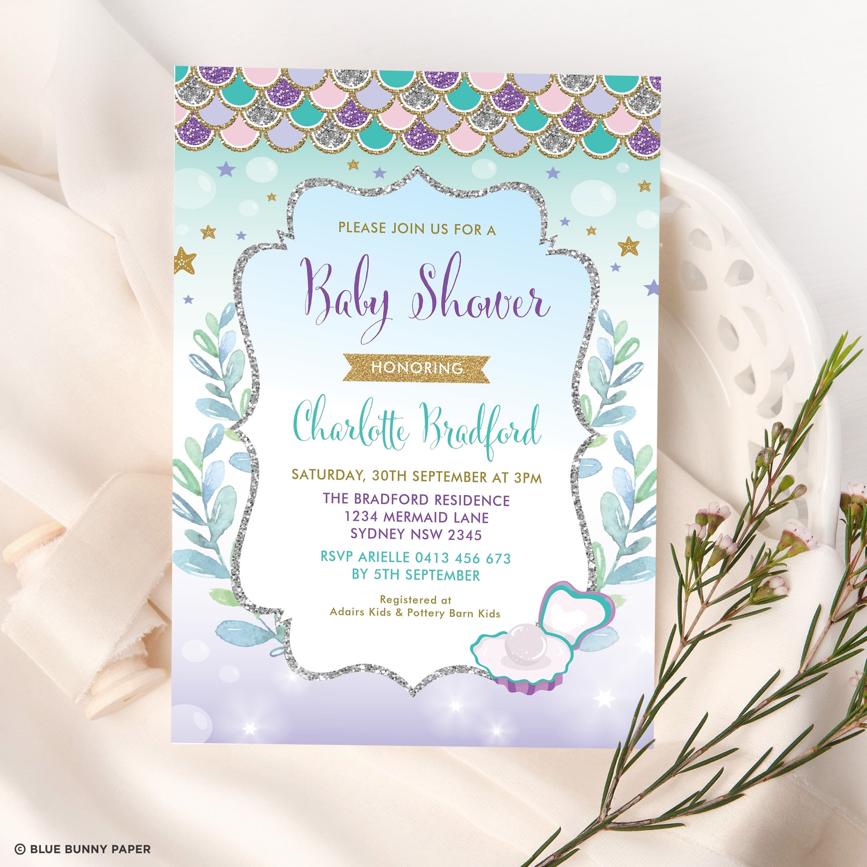 Mermaid Baby Shower Invitation. Under the Sea Pool Party Invite. Beach Baby  Girl Printable Invite Editable Template INSTANT DOWNLOAD. MER4 