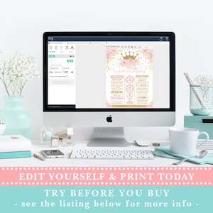 Op de afbeelding: Bewerkbaar, afdrukbaar verjaardag mijlpaalposter met een roze en gouden kleurenschema. De poster heeft een kroon, bloemen en glitter. De tekst op de poster zegt "Sweetest 1st Birthday".