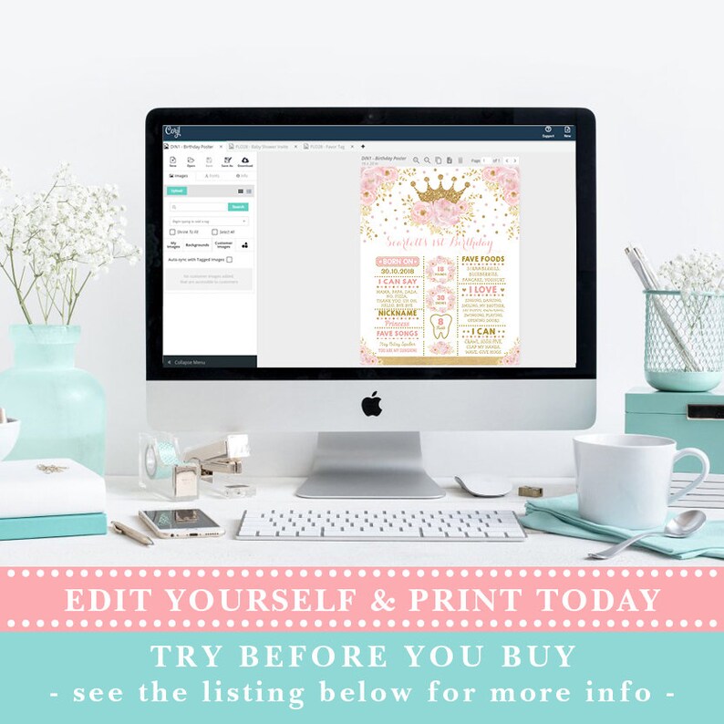 Op de afbeelding: Bewerkbaar, afdrukbaar verjaardag mijlpaalposter met een roze en gouden kleurenschema. De poster heeft een kroon, bloemen en glitter. De tekst op de poster zegt "Sweetest 1st Birthday".