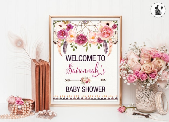 Boho BABY SHOWER Welcome Sign. Bohemian Baby Shower PRINTABLE. Floral Bridal Welcome Sign. Watercolor Flowers. Feathers. Dreamcatcher. FLO13 Il_570xn