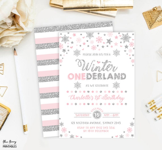 Silver and Pink Winter ONEderland First Birthday Invitation. Snowflake Girls Party Invitation. Winter Birthday Invite. Silver Stars. WINT14 Il_570xn