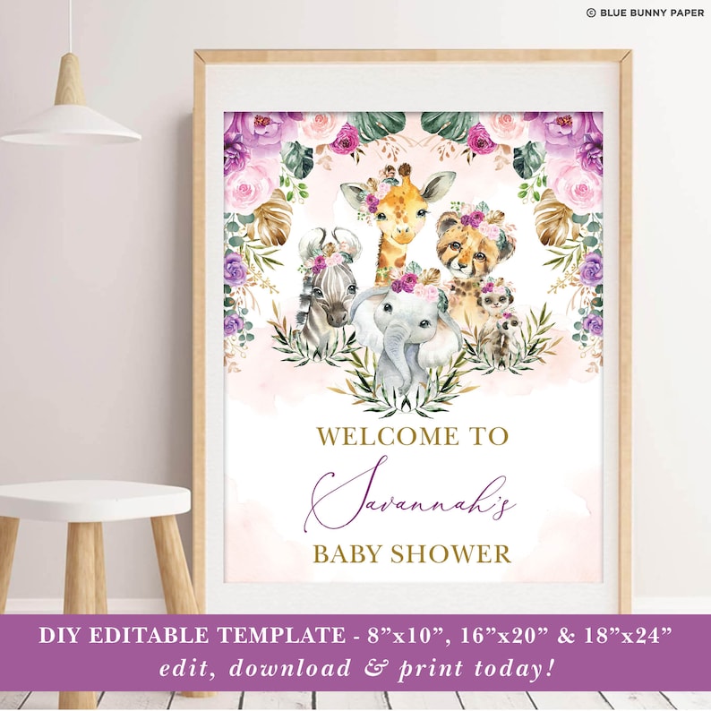 Plantilla de signo de bienvenida EDITABLE Girl Jungle Baby Shower, Boho Safari Animales Salvajes Flores Tropicales Cumpleaños Imprimible Descarga Instantánea, SAF7 imagen 2