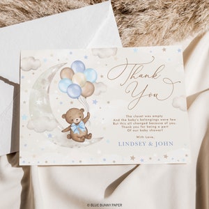 Modèle de carte de remerciement ours en peluche lune modifiable We Can Bearly Wait Baby Shower Blue Brown Balloons Birthday Favor imprimable Télécharger, BR7