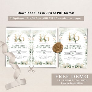 May include: A digital download for a sweet sixteen birthday invitation. The invitation features a gold number 16 with green leaves and a watercolor background. The text on the invitation reads "Please join us to celebrate Elizabeth's Sweet Sixteen, October 25, 12PM-2PM, 20XX".