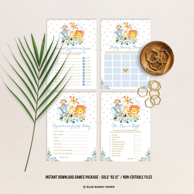 Blue Floral Safari Baby Shower GAMES BUNDLE. 8x Wild Jungle Animals Printable Games. Blue and Gold Instant Download. JUN10 image 2