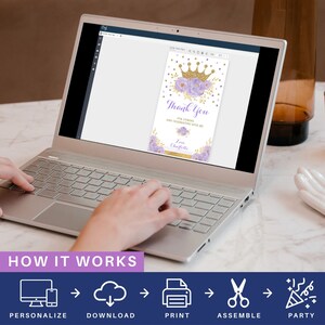 May include: A laptop screen displaying a printable thank you card with a purple and gold crown, flowers, and confetti. The text on the card reads "Thank You for coming and celebrating with me. Love, Charlotte". The image shows a five-step process for creating the card: personalize, download, print, assemble, and party.