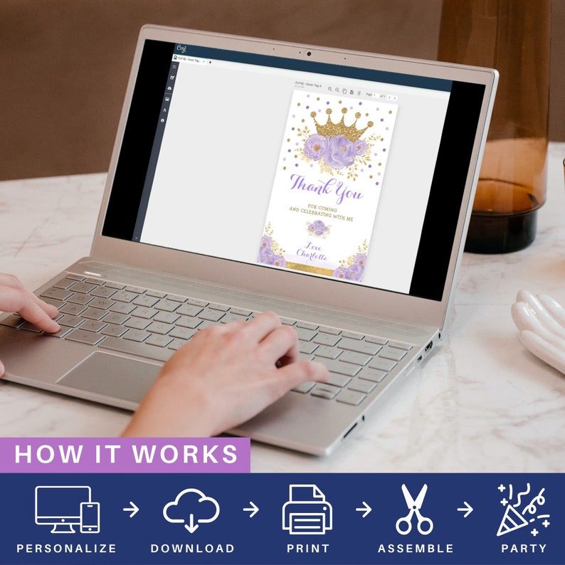 May include: A laptop screen displaying a printable thank you card with a purple and gold crown, flowers, and confetti. The text on the card reads "Thank You for coming and celebrating with me. Love, Charlotte". The image shows a five-step process for creating the card: personalize, download, print, assemble, and party.