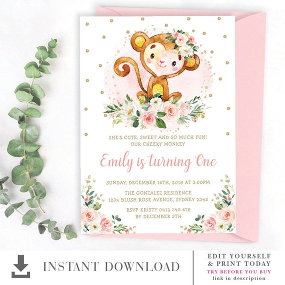 EDITABLE INVITATION Jungle Monkey Birthday Party. Pink Gold Floral Printable Invite. Girly Safari 1st Birthday Instant Download. MO2 Il_570xn