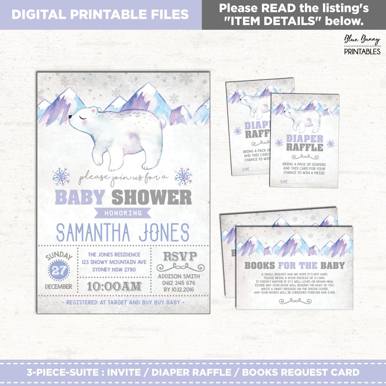 Polar Bear Baby Shower Invitation Books For Baby Insert Card Winter Snowflake Diaper Raffle Christmas Baby Package WINT6 3-PIECE-SUITE