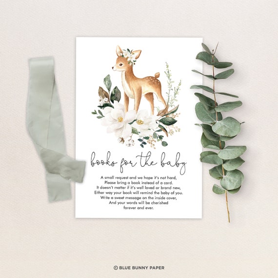 Elegant Deer Baby Shower Books for Baby Card Woodland Fawn Bring a Book Printable Modern Ivory White Floral INSTANT DOWNLOAD. DEER11 Il_570xn