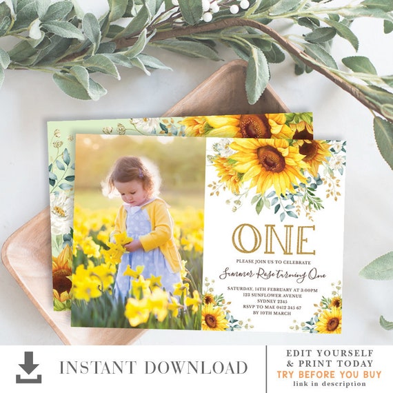 Summer Sunflowers 1st Birthday Invitation. Watercolor Garden Floral Greenery Photo Printable Invitation Template INSTANT DOWNLOAD. SUN4 Il_570xn