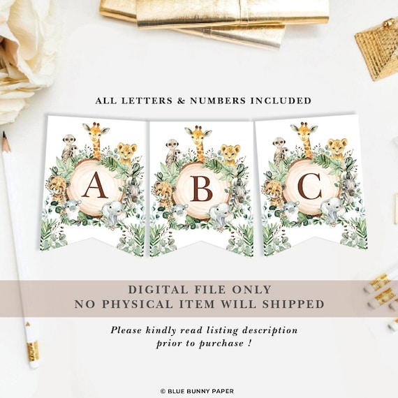 jungle baby shower printable banner safari animals wild one birthday party decorations rustic greenery bunting all letters numbers jun13 by blue bunny printables catch my party