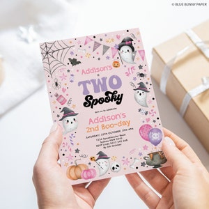 May include: Pink and purple Halloween party invitation with a ghost and a witch's hat. The invitation says "Addison's Two Spooky" and includes details for the party, including the date, time, and location.