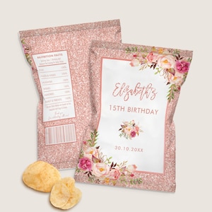 May include: Two rose gold glitter-covered chip bags with floral designs and the text "Elizabeth's 15th Birthday." One bag shows a nutrition facts label. A few chips are in front of the bags.