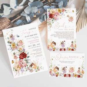 Wildblumen-Fee-Babyparty-Einladungs-Bundle-Fee-Garten-Blumen-Laden-Set Bücher für Baby-Windel-Verlosung EDITIERBARE VORLAGEN Download, FA1
