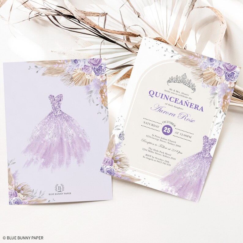 May include: Purple and gold quincea&ntilde;era invitation with a watercolor illustration of a dress and floral accents. The text reads "Mr. & Mrs. Alates invite you to celebrate the Quincea&ntilde;era of their daughter Aurora Rose. Saturday, October 25 at 12:00 PM. St. Peter Julian Church, 1234 George Street, 2000. Reception to follow at 2:00 PM. The Hyde Park Hotel, 1234 Miller Street, 7543. RSVP by October 10th. To Angela or 9412 345 678."