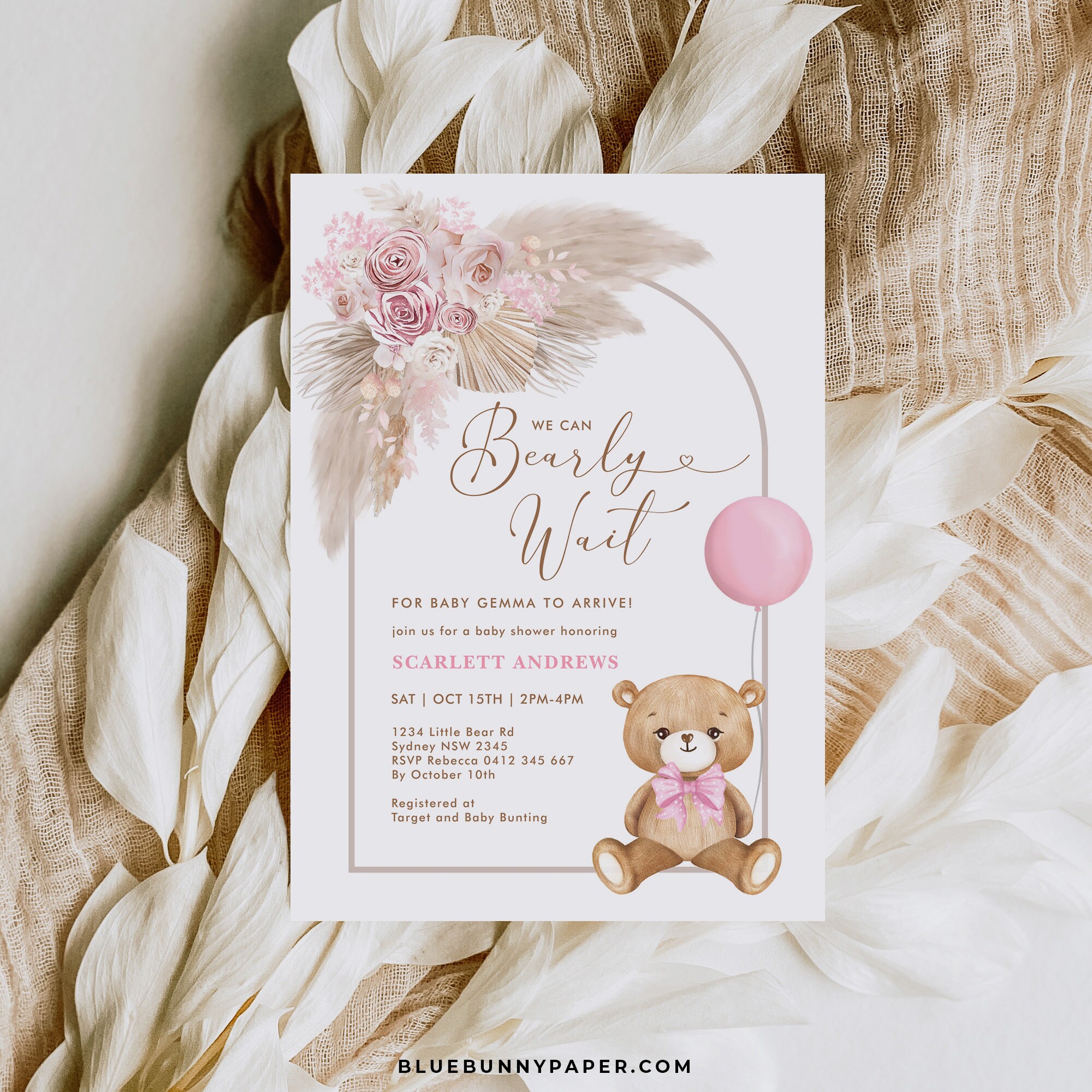 Pink Boho Teddy Bear Baby Shower Invitation Pampas Girl Bear Baby ...