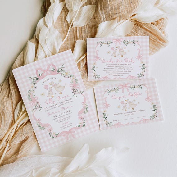 Silly Goose Girl Baby Shower Invitation Bundle: Coquette Pink Bow Gingham (Editable Templates), SG1