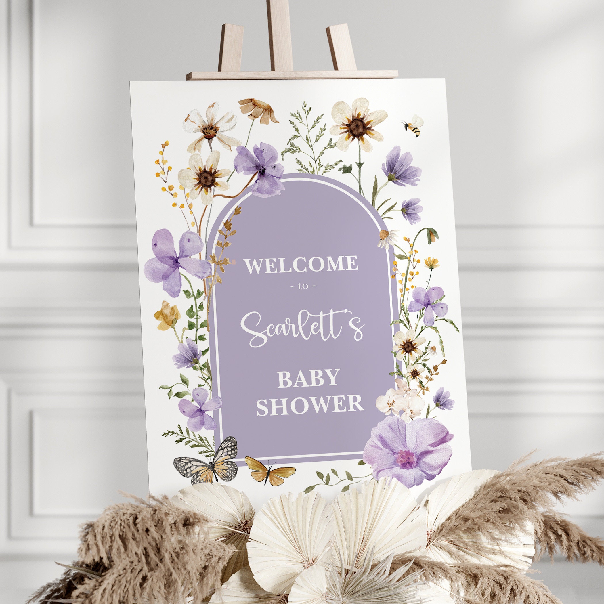Editable Purple Wildflower Baby Shower Welcome Sign, Lavender Baby