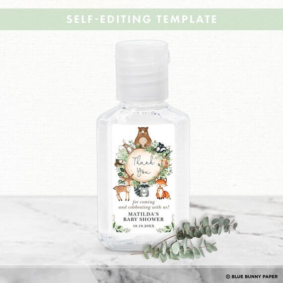 DIY Hand Sanitizer Label Template, Greenery Woodland Baby Shower Favors, Forest Animals Wild One 1st Birthday Editable Printable, WOOD24 Il_570xn