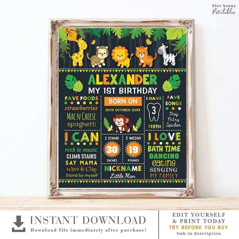 jungle-birthday-milestone-chalkboard-poster-safari-first-1st-birthday-sign-cute-baby-animals-nursery-decor-editable-template-jun3-etsy