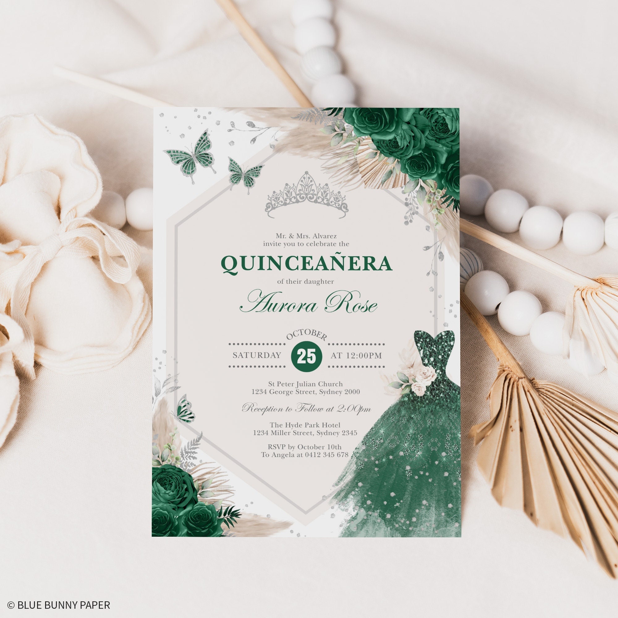 Emerald Green Silver Quinceanera Invitation Template Butterfly - Etsy