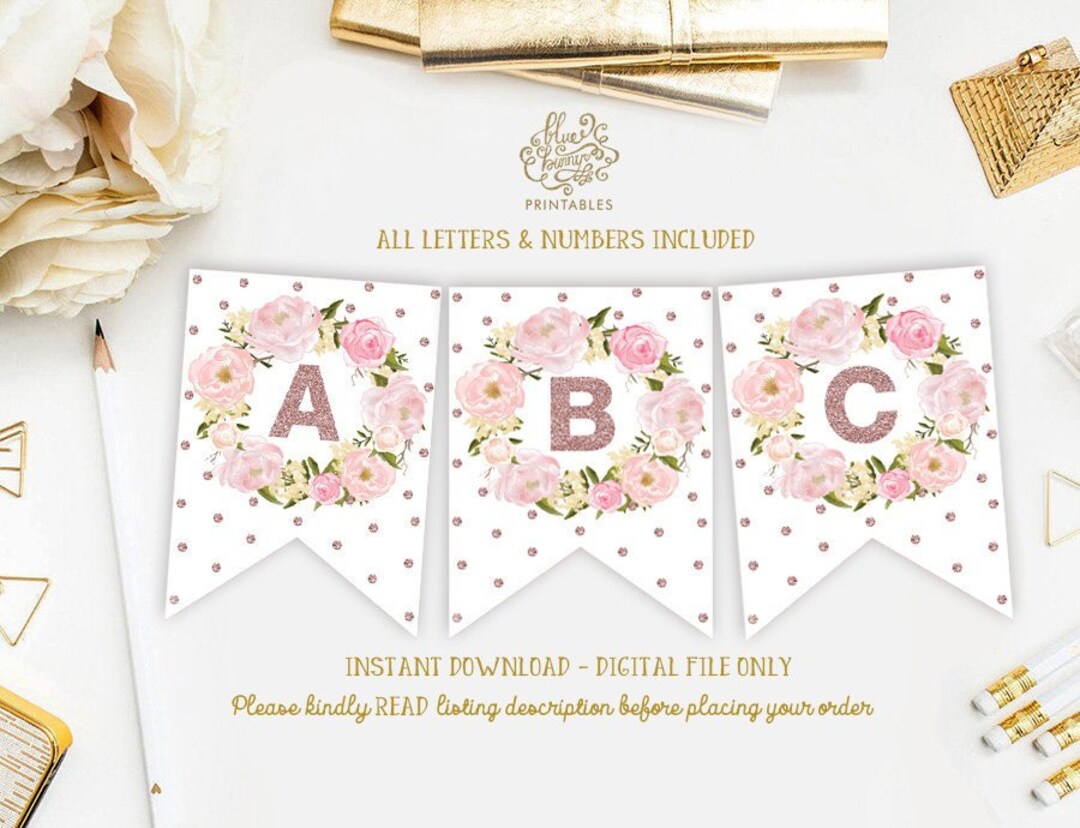Rose Gold Pink Floral Birthday Printable Banner. Girly Watercolor ...
