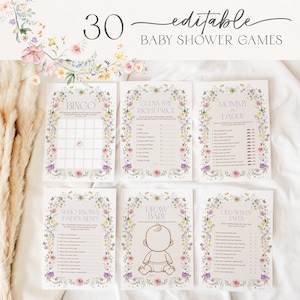 Wildflower babyshowergames, 30 baby in bloei bewerkbare babyshowerspelbundel, pasteltuin bloemen Tea Party-games afdrukbare download WF2