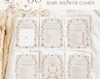 May include: A set of 30 printable baby shower games with floral borders. The games include Bingo, Guess the Right Price, Mommy or Daddy, Who Knows Daddy Best?, Draw Baby, and Old Wives Tales.