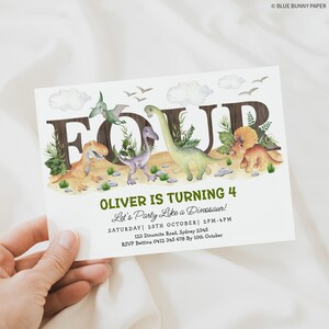 Plantilla editable de invitación de cumpleaños de dinosaurio para el 4.º cumpleaños: ¡Rugido! ¡Tengo cuatro años! Descarga digital, DIN3 imagen 3